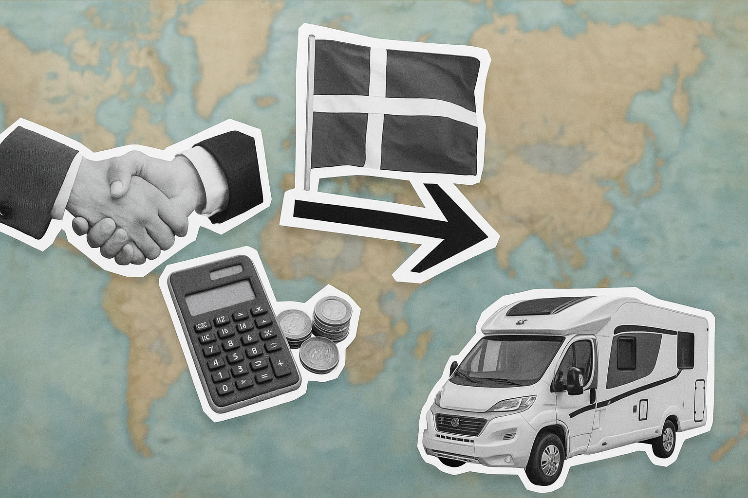 handslag, dansk flagga, räknare, euromynt och husbil i svartvitt collage på världskarta för att illustrera importera husbil från danmark