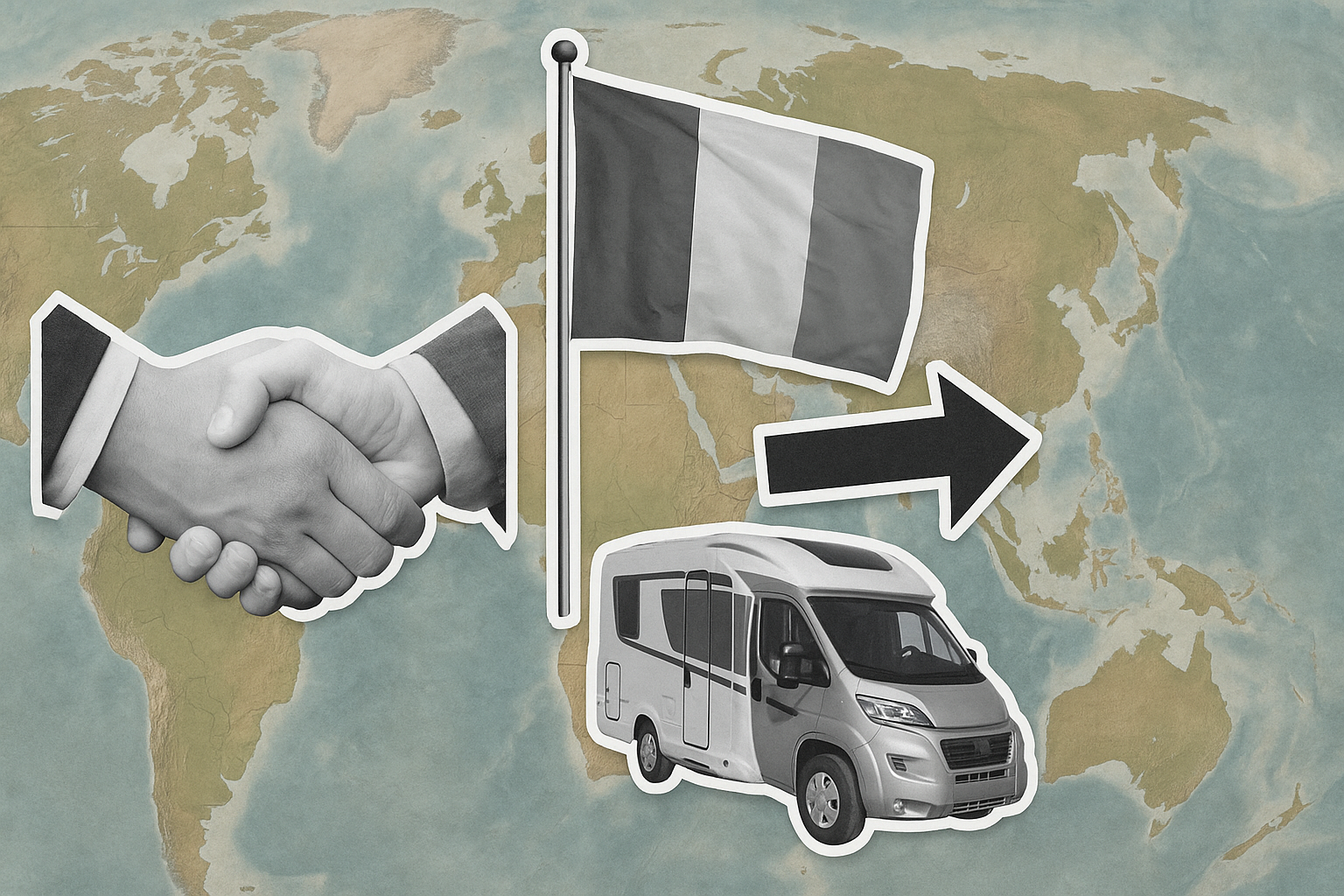 hand­slag, italiensk flagga, pil och husbil i svartvitt collage på världskarta för att illustrera importera husbil från italien