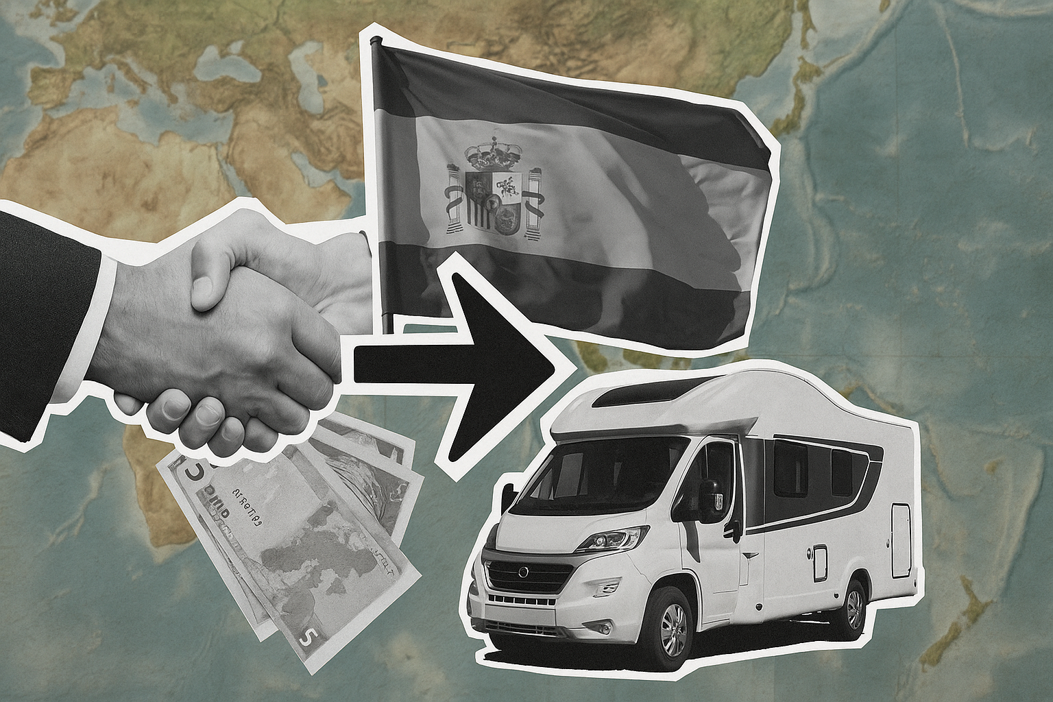 hand­slag, spansk flagga, eurosedlar, pil och husbil i svartvitt collage på världskarta för att illustrera importera husbil från spanien