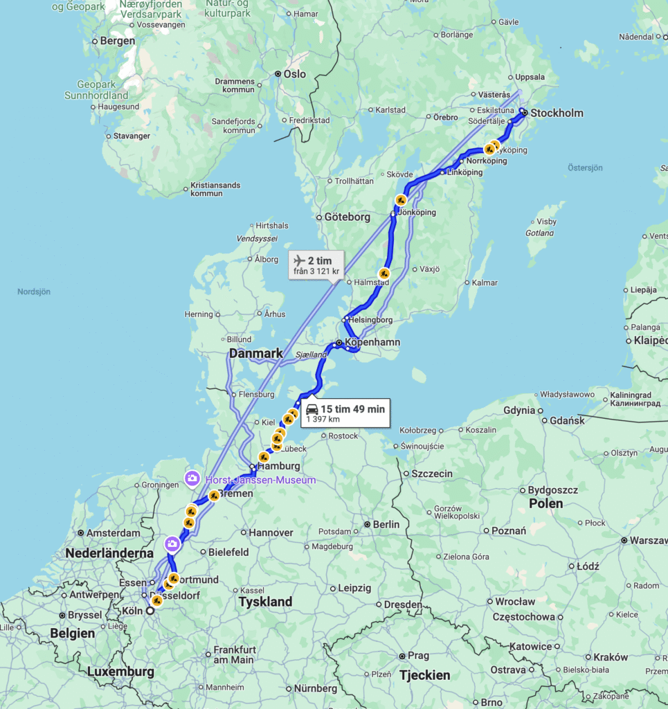 karta med körväg från Köln till Sundbyberg för import av husbil genom Danmark och södra Sverige