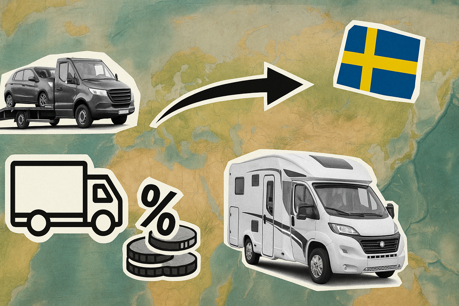 bärgningsbil, fraktikon, pil mot svensk flagga, mynt och husbil i svartvitt collage för att illustrera transport av husbil till sverige